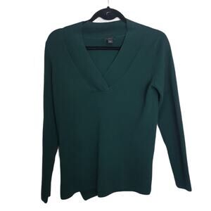 Ann Taylor Factory V Neck Christmas Green Sweater 100% Cotton Long Sleeve